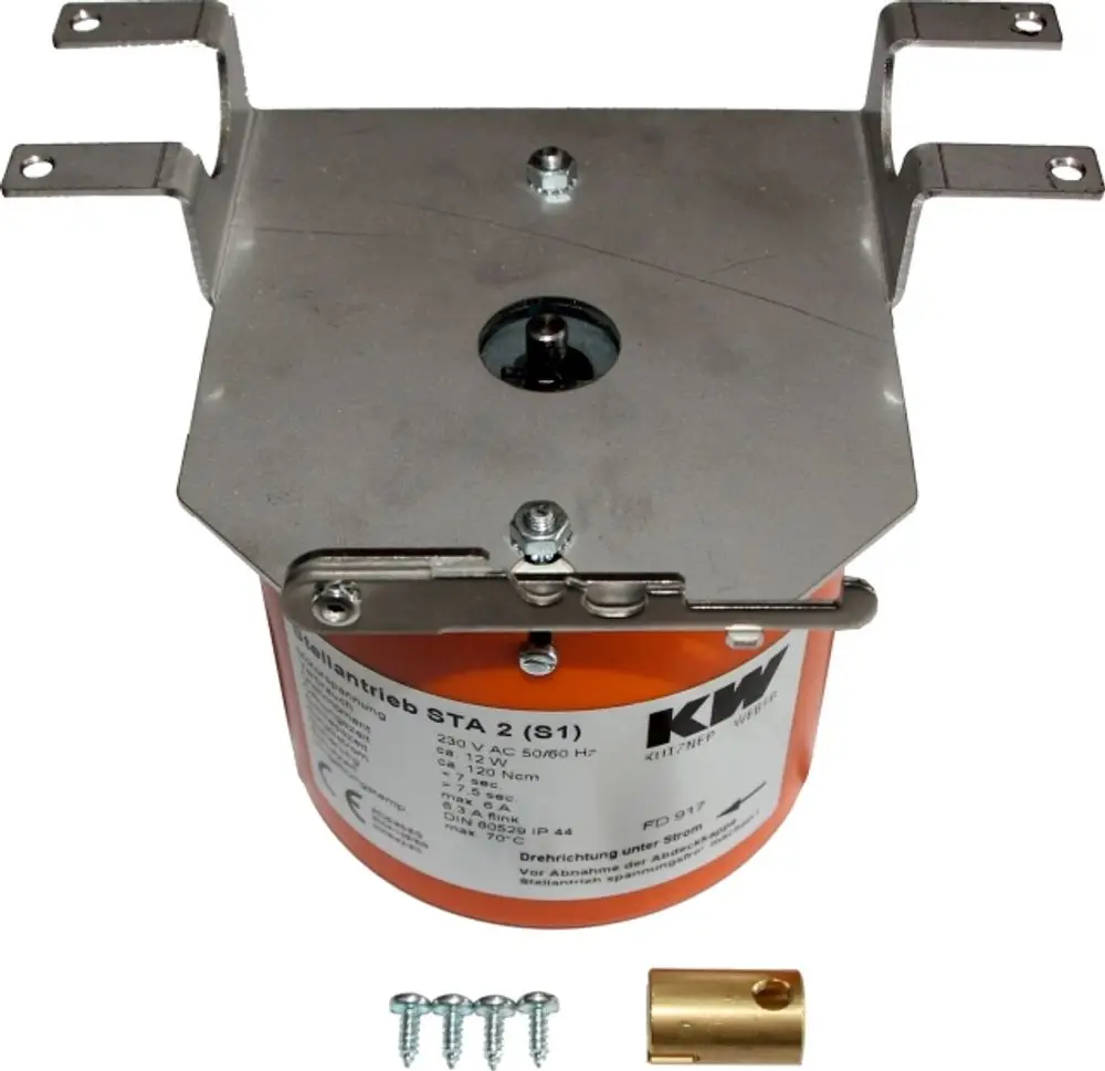 Stellantrieb mit metallener Halterung, orangefarbener Körper, Schrauben und einer Kupplungsteile. Von der Marke Wolf, geeignet für Steuerungstechnik.